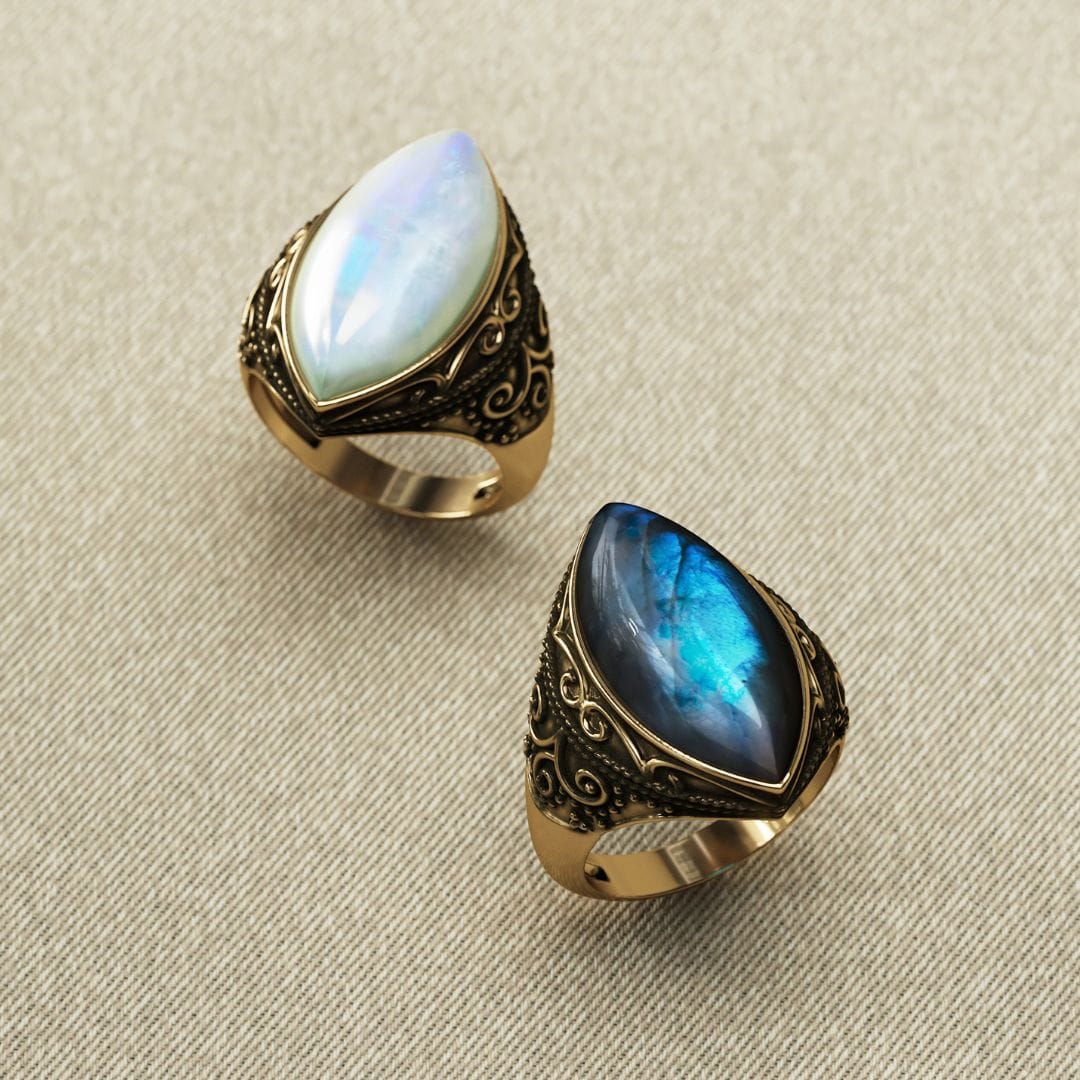 Daya moonstone and labradorite rings shown side by side