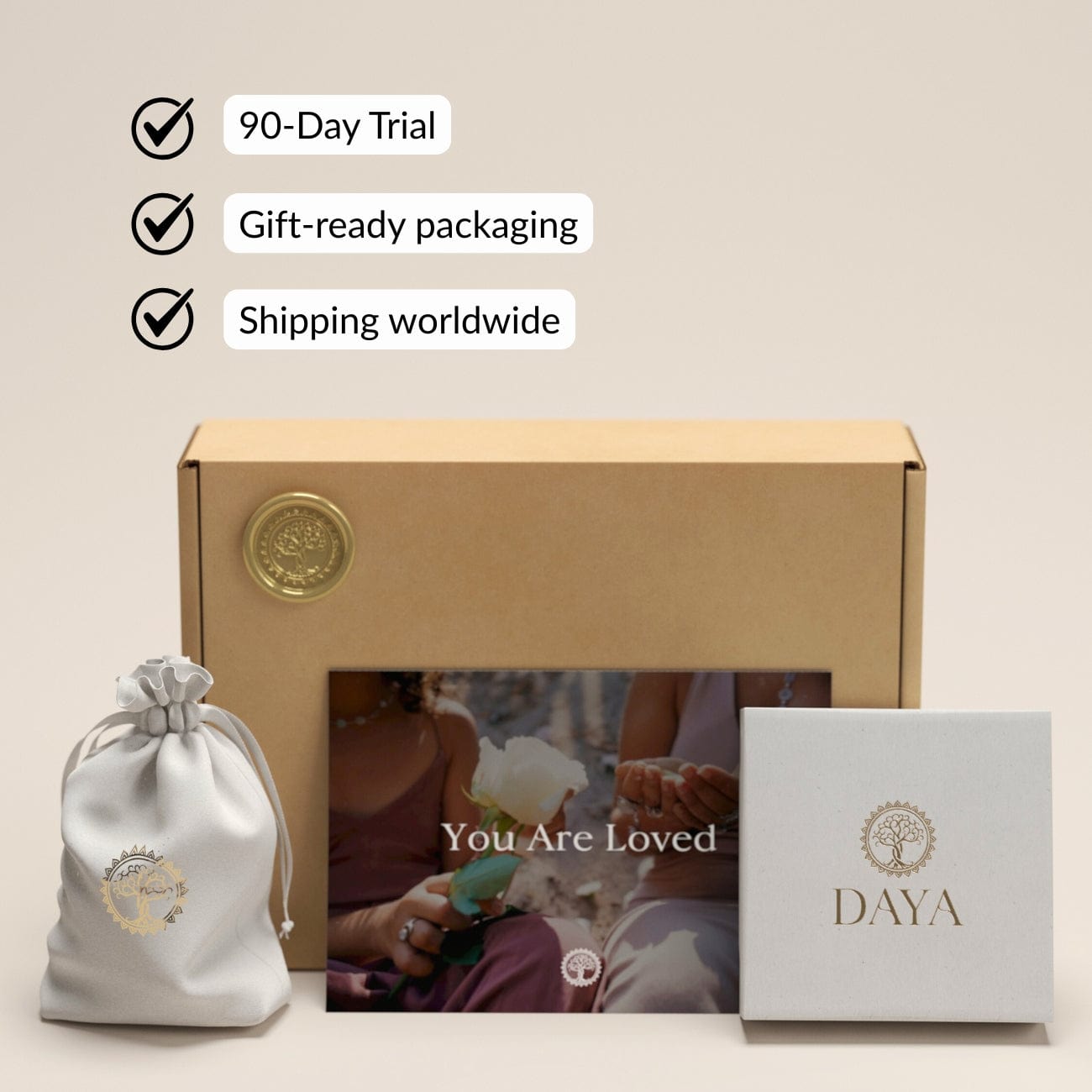 Daya Jewelry branded gift box, pouch and packaging
