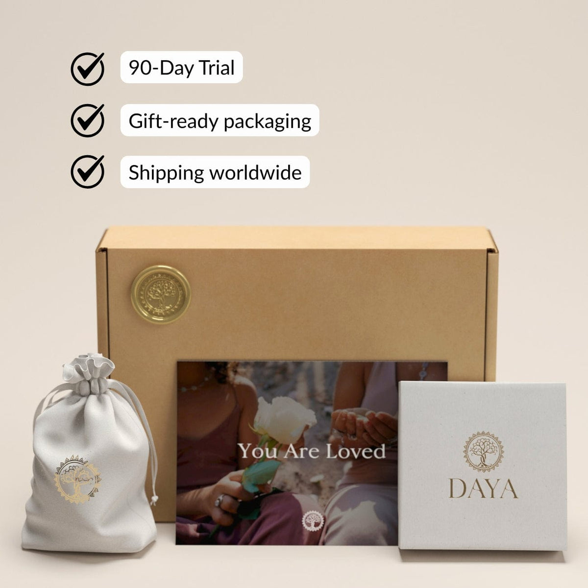 Daya Jewelry branded gift box, pouch and packaging