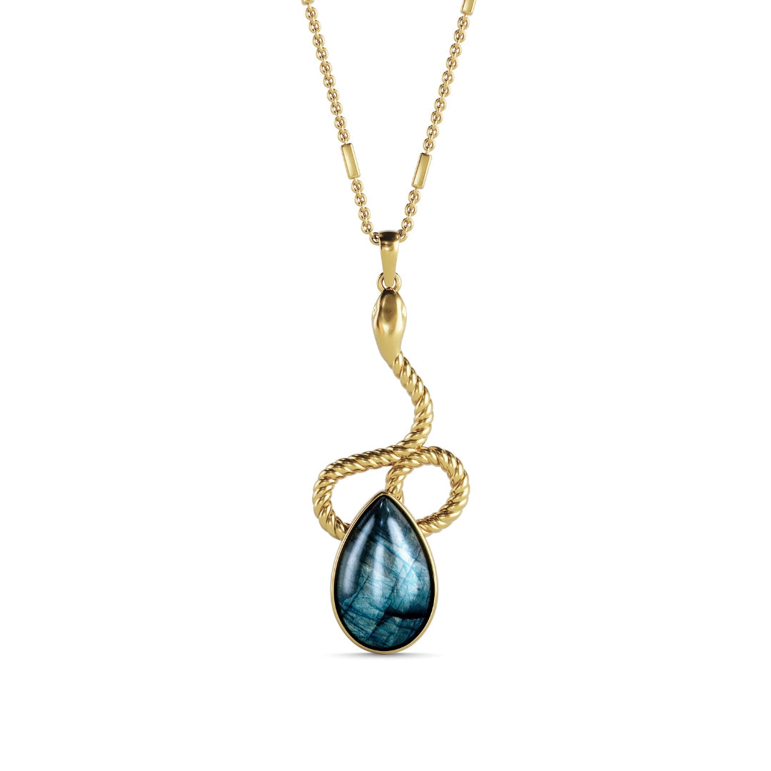 Daya Naya labradorite crystal necklace with a gold serpent setting