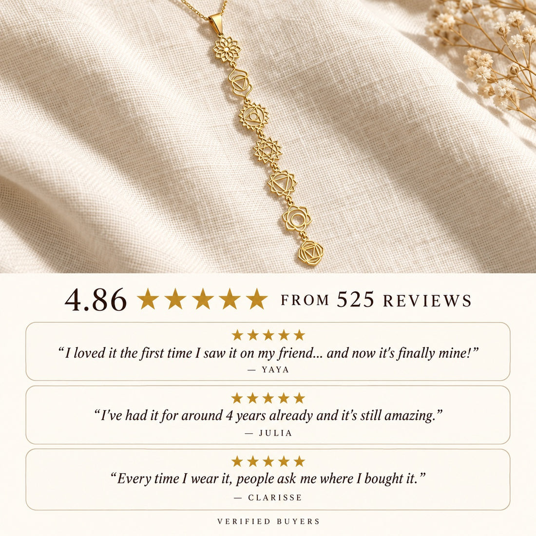 Daya 7-Chakra Necklace rated 4.86 stars from 525 reviews with customer quotes
